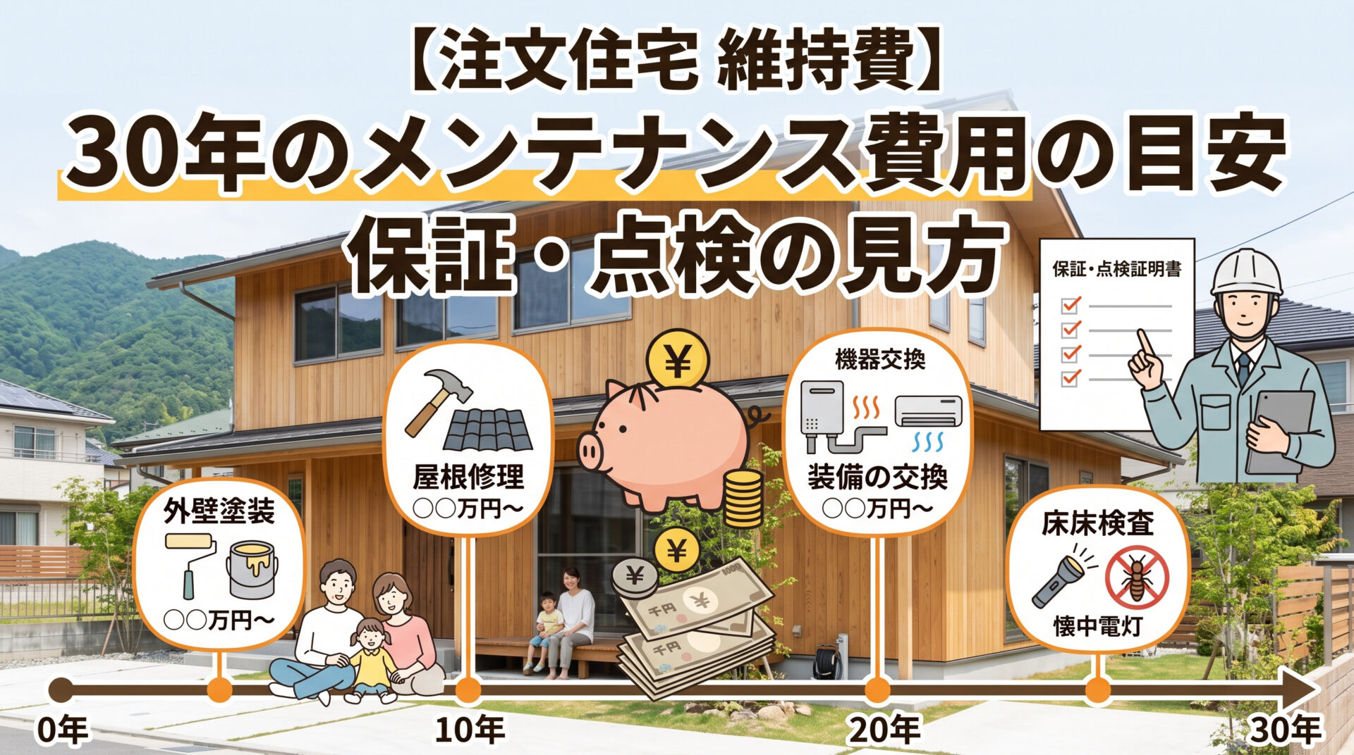 【注文住宅 維持費】30年のメンテナンス費用の目安と、保証・点検の見方