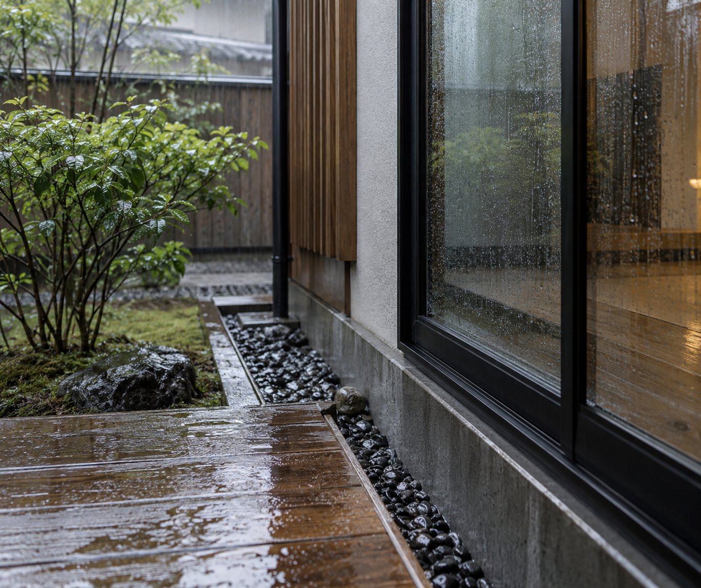 雨の日の中庭とウッドデッキ、排水まわりのディテール