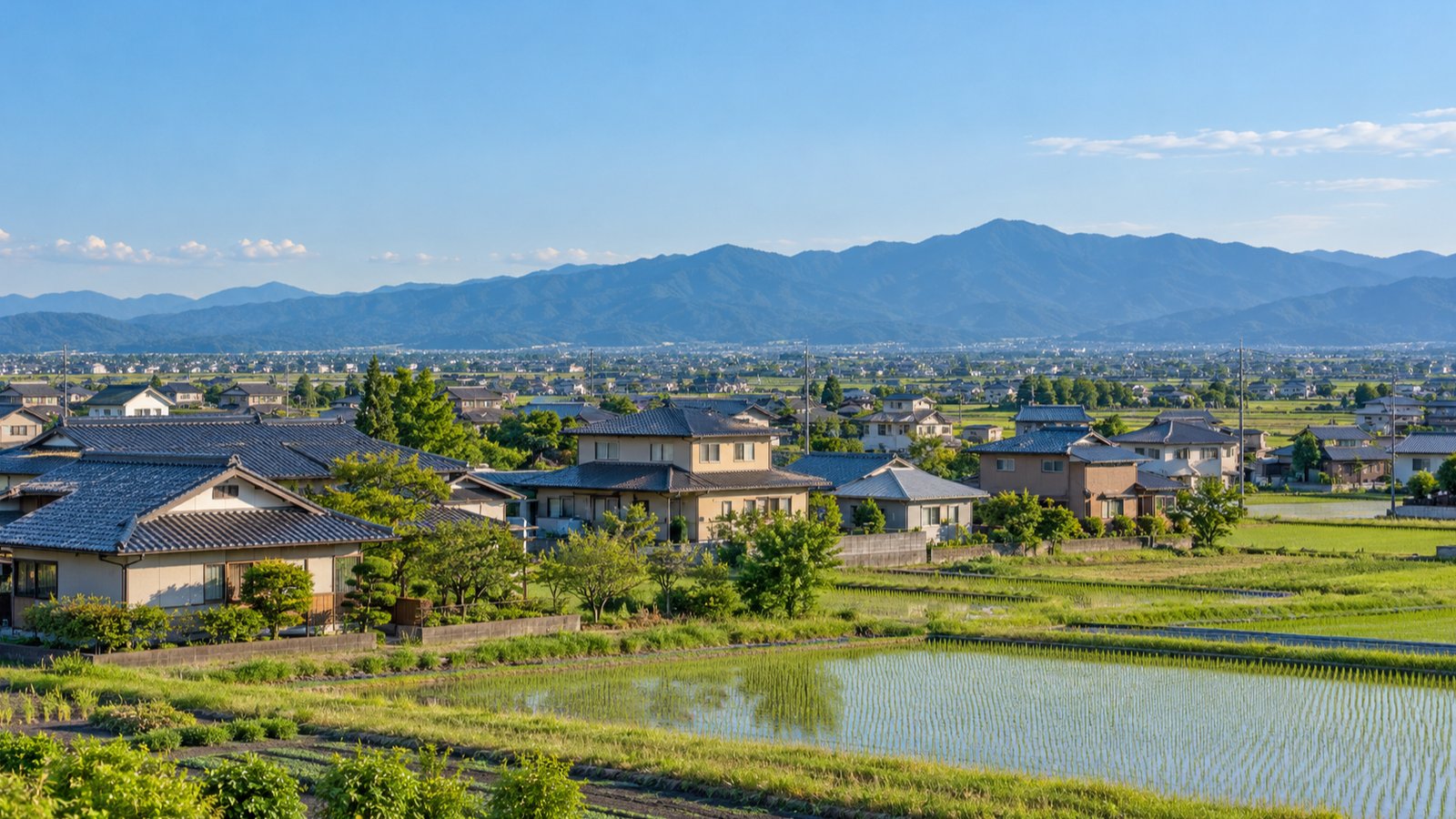住宅街と遠くに見える山並み