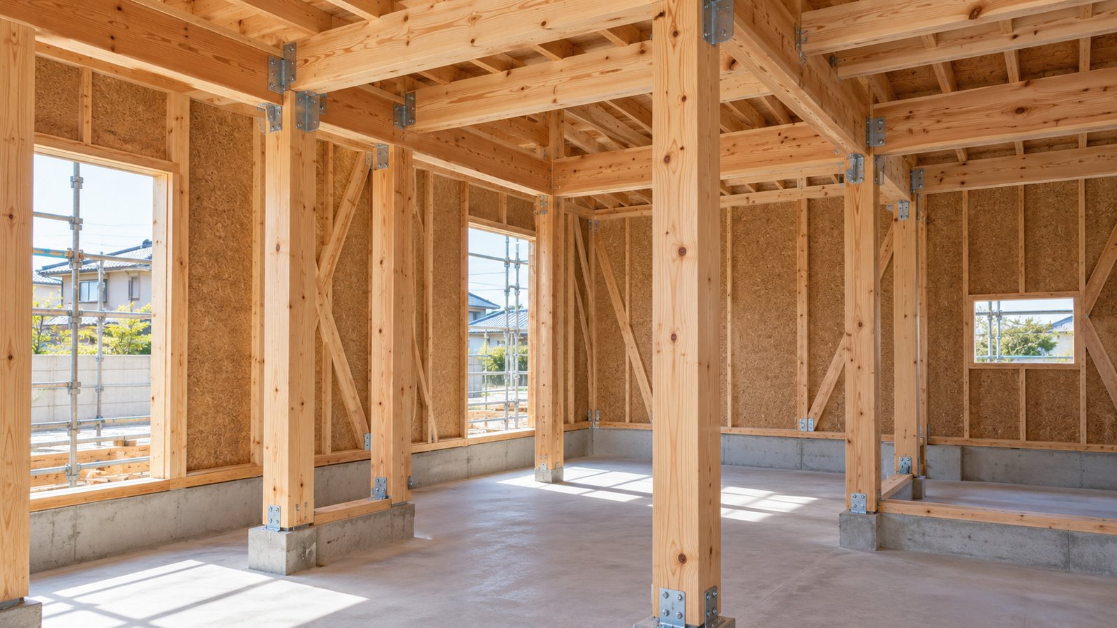 木造住宅の柱と梁、構造用面材が見える建築中の様子