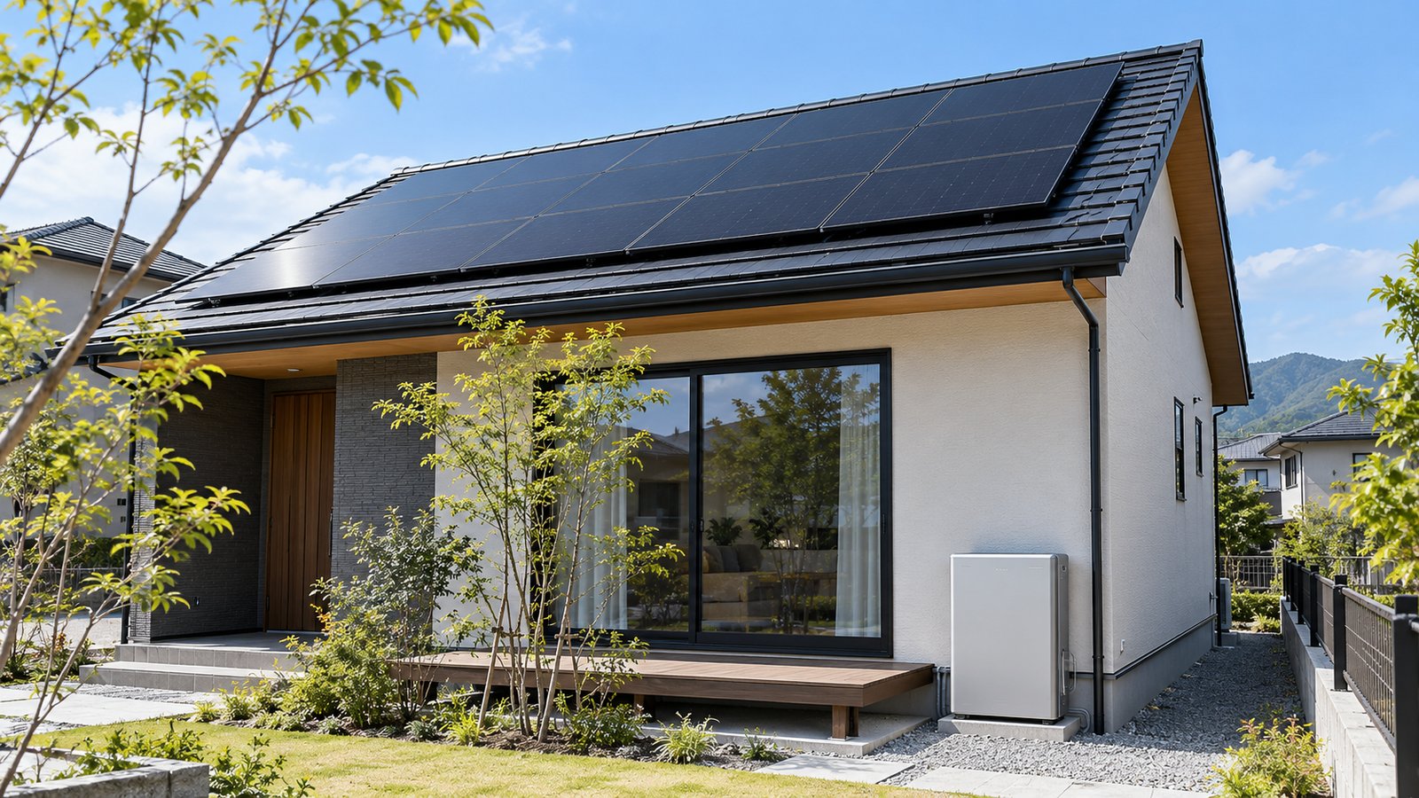 屋根の太陽光パネルと住宅の外観