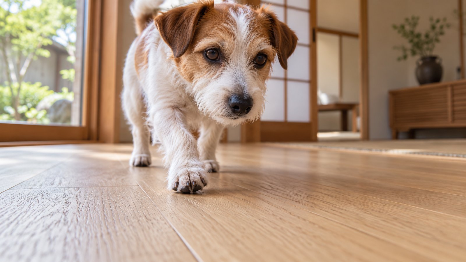 フローリングの上を歩く犬の足元