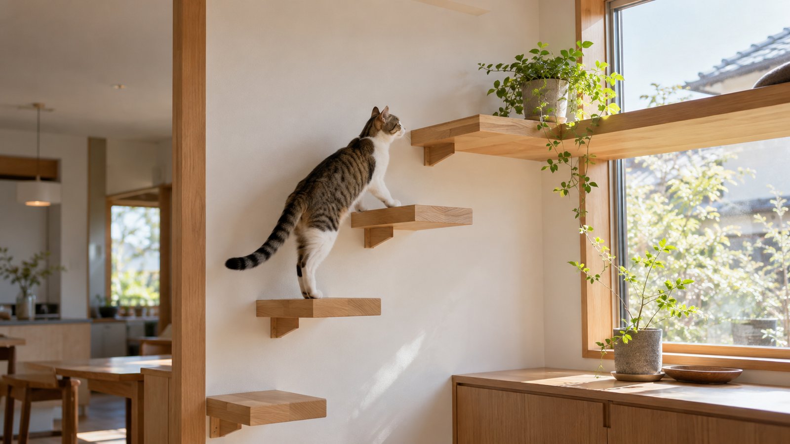 壁に取り付けられた木製のキャットステップを登る猫