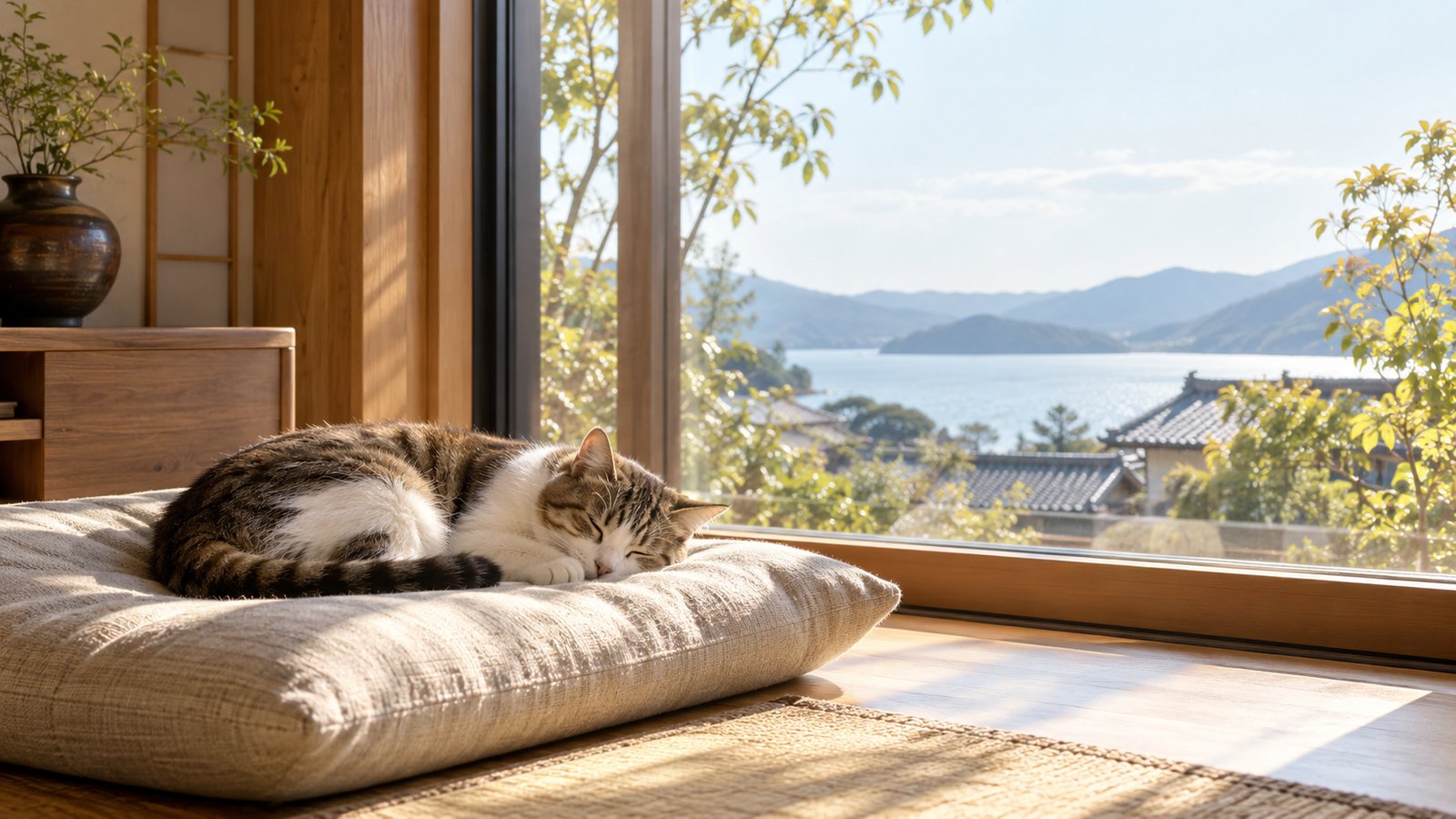 窓辺で日向ぼっこをする猫と快適な室内