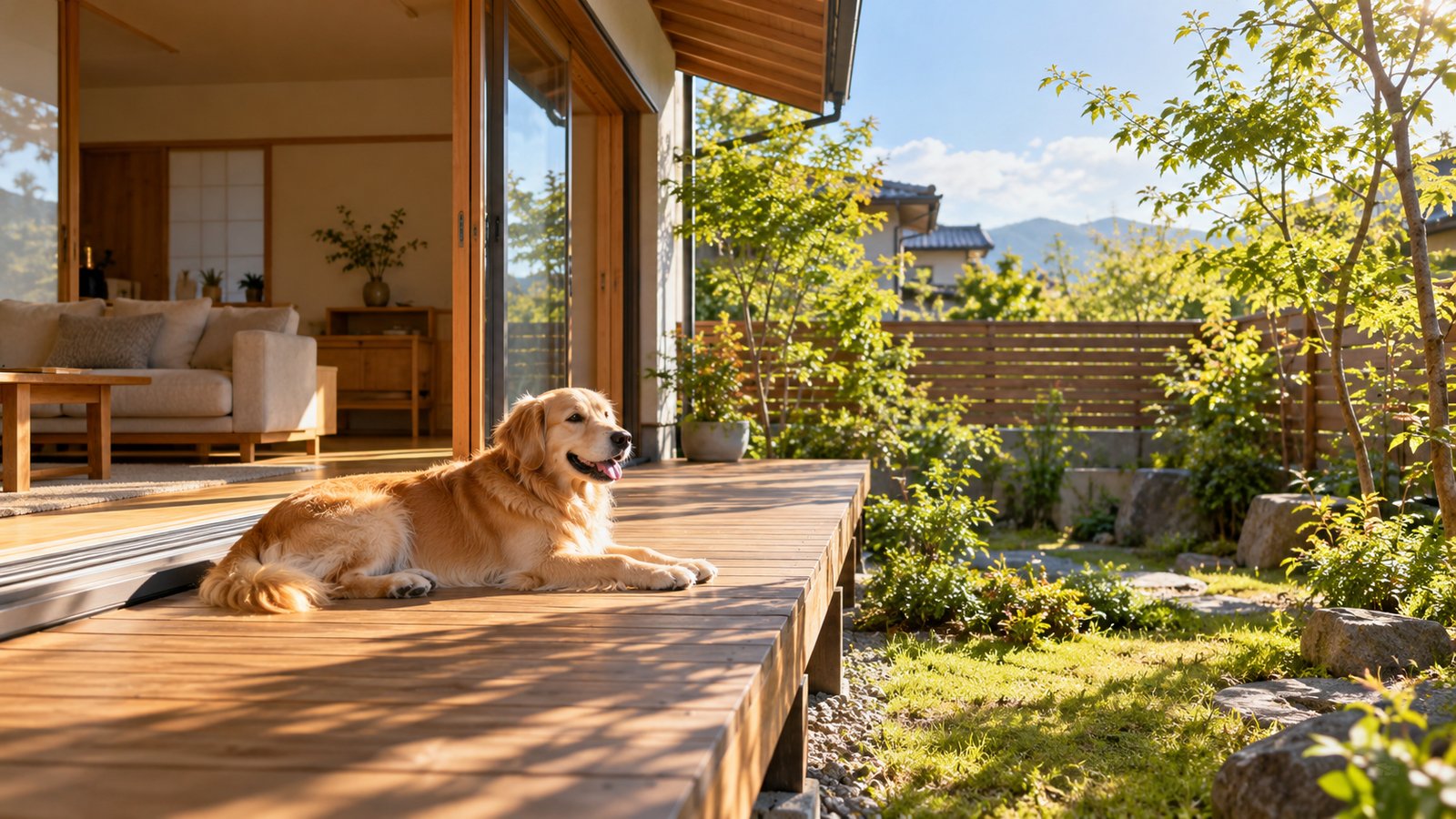 ウッドデッキのある庭でくつろぐ犬